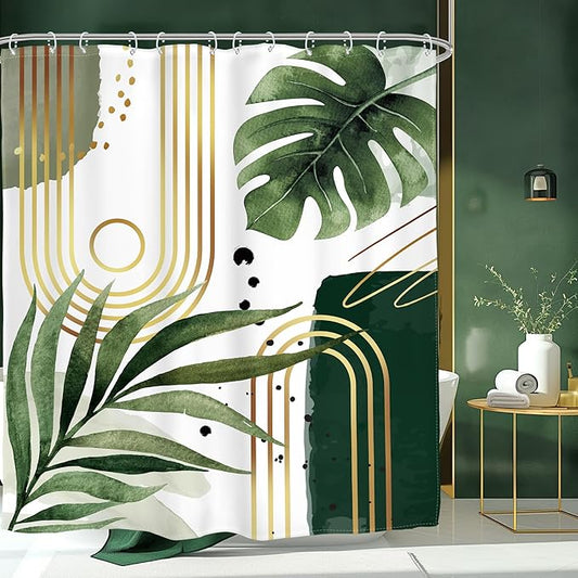 Glawry Green Gold Boho Mid Century Shower Curtain Abstract Tropical Plant Minimalist Modern Geometric Palm Leaf Arch Bathroom Simple 60Wx72L Inches Bath Accessories Art Home Decor Fabric 12 Pack Hooks