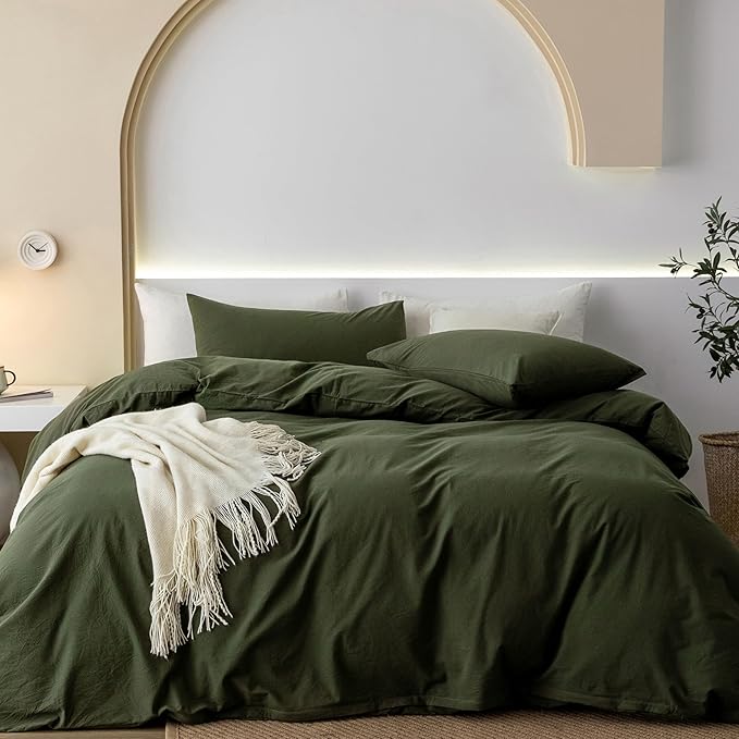 JIYUAN 100% Washed Cotton Duvet Cover Set 3 Pieces Super Queen, 1 Duvet Cover 90x98 Inches(Comforter Not Included) and 2 Pillowcases,Linen Feel Bedding Set Comfy and Breathable,Olive Green