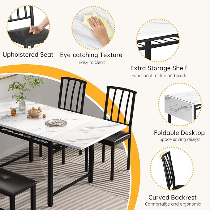 Lamerge 4-Piece Dining Table Set for 3-6 People, 63" Extendable Kitchen Table Set with 1 Bench and 2 Backrest Chairs, Faux Marble Table Square Dining Table Set with Drop Leaf for Small Space