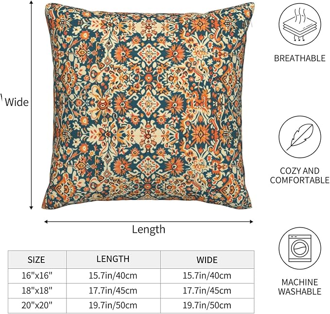 Navy Blue Orange Carpet Pattern Pillow Covers 20x20 Inch Set of 2, Boho Ethnic Style Fall Outdoor Decorative Throw Pillows Vintage Cushion Covers for Sofa Bed Couch Living Room Decor