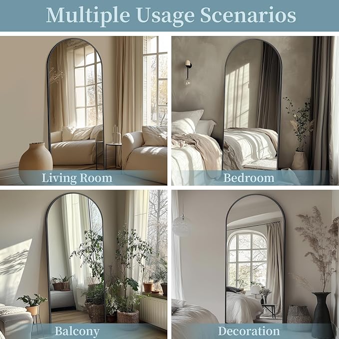 Full Length Mirror with Stand, 58"x18" Arched Full Body Mirror, Large Stand Up Aluminum Frame Floor Freestanding Hanging Leaning Mounted for Bedroom Living Room Entryway Black