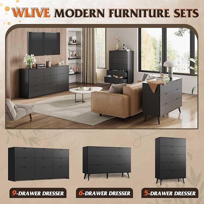 WLIVE 9 Drawer Dresser for Bedroom, 63" Wide Black Drawers Large Wood Chest of Drawers Organize with Sturdy Metal Handle, Modern Dresser for TV Stand, Living Room Office, Hallway, Ball Bearing Slide