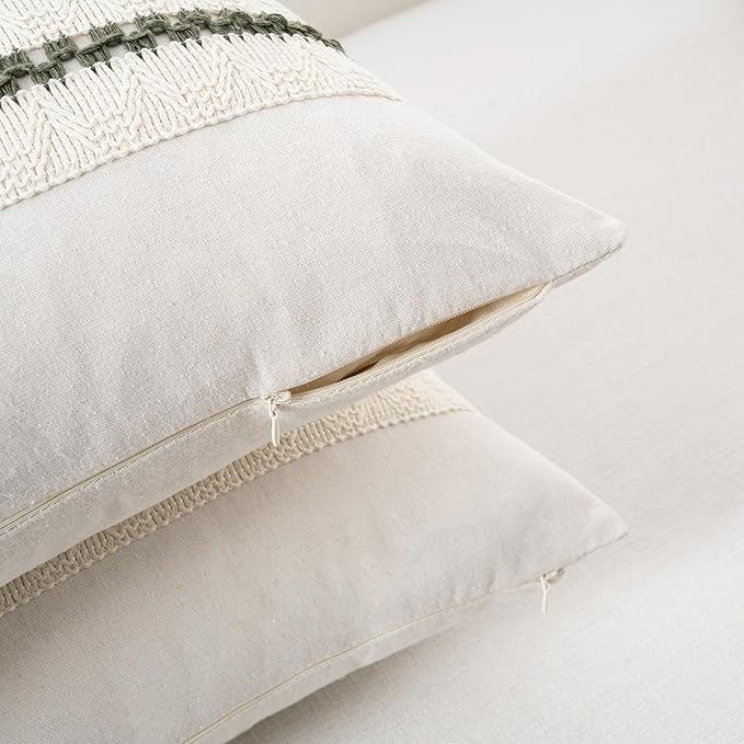 Fancy Homi Set of 2 Boho Olive Green Euro Decorative Throw Pillow Cover 26x26 Inch for Couch Bed Bedroom, Aesthetic Modern Organic Farmhouse Room Decor, Soft Cotton Accent Macrame Woven Cushion Case