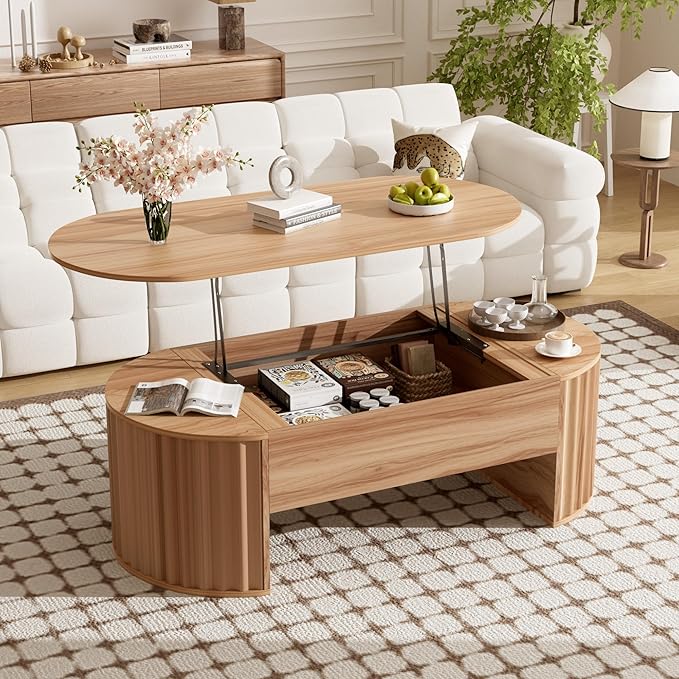 WILLIAMSPACE 47.2'' Lift Top Coffee Table with Hidden Compartment Storage, Modern Wooden Oval Center Table Accent Lift Tabletop Tea Table for Living Room, Light Brown