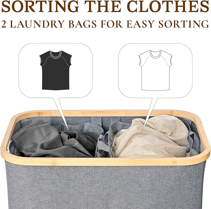 Foldable Laundry Hamper with Lid, Double Laundry Hamper, 2 Section Extra-large Laundry Basket with Bamboo Handles for Bathroom, Bedroom & Laundry Room, 140L Grey