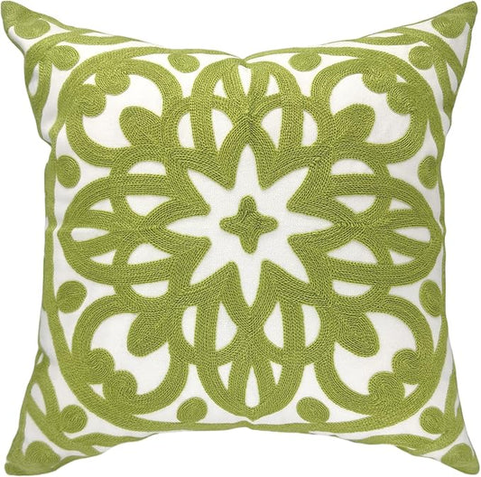 Alysheer Embroidered Decorative Throw Pillow Cover 20"x 20", Boho Mandala Modern Thick Embroidery Pattern, Cotton Canvas Avacado Green Cushion Case for Sofa Couch Bed Living Room (Chartreuse Green)