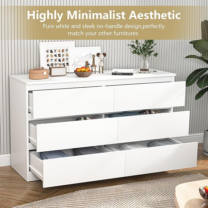 White Dresser for Bedroom,Modern Large 6 Drawer Dresser with Deep Drawer,Wide Storage Chest of Drawers,Wood Bedroom Storage Organizer Furniture for Closet
