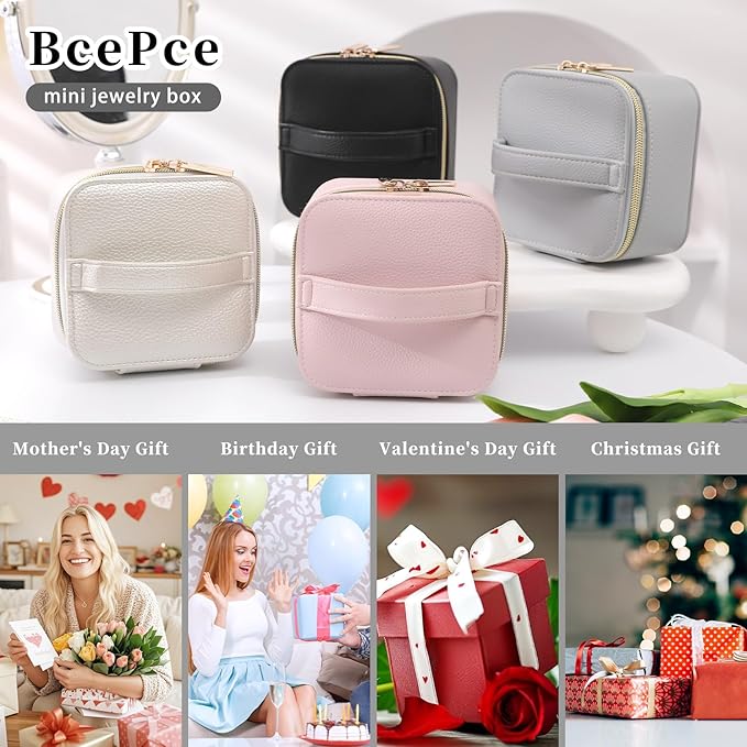 PU Leather Travel Jewelry Organizer Case with 4 Pouches & Handle, Anti-Tangle Storage Box for Necklace, Earrings, Rings, Compact Jewelry Box for Women Gift (Beige)