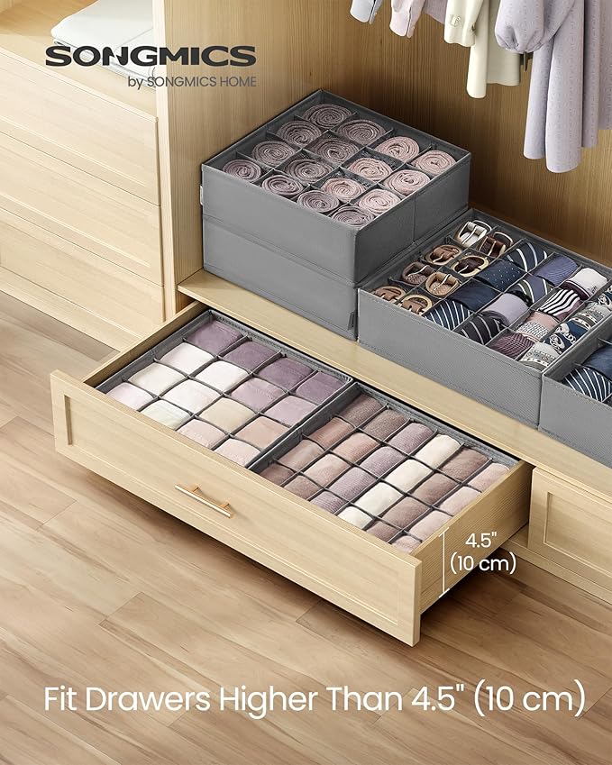 SONGMICS Set of 4 Underwear Organizers, Drawer Organizers, Dresser Closet Storage, 80 Cells (2x16+2x24), Foldable Dividers, 11.8 x 11.8 x 3.9 Inches, for Socks, Ties, Belts, Dove Gray URUS011G01