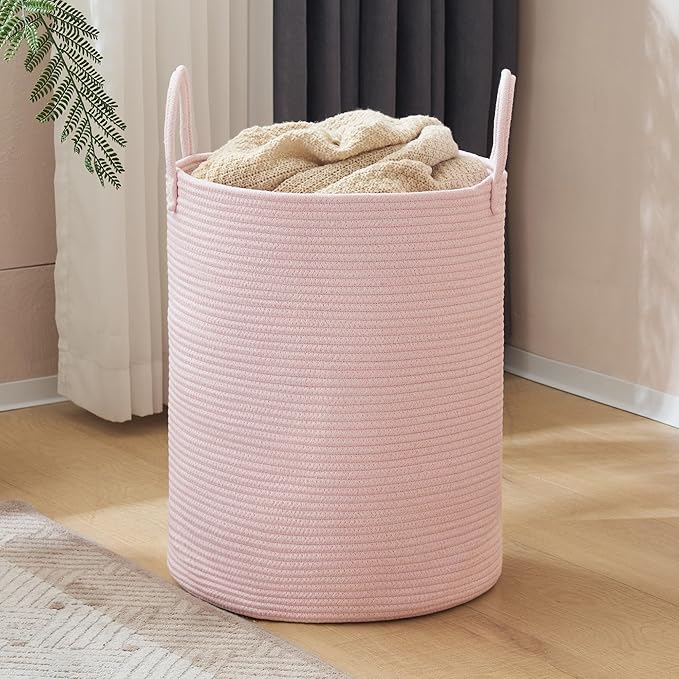 Woven Rope Laundry Hamper, 58L Tall Luandry Basket, Baby Nursery Hamper for Blanket Storage in Bedroom-Large-Pink