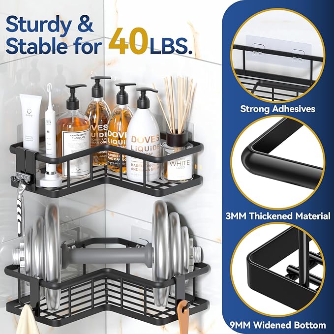 YASONIC Corner Shower Caddy Organizer, 5-Pack Adhesive Rustproof Stainless Steel Shower Shelves with Soap Holder, No Drilling Shower Storage Rack for Family Renters Bathroom, Black