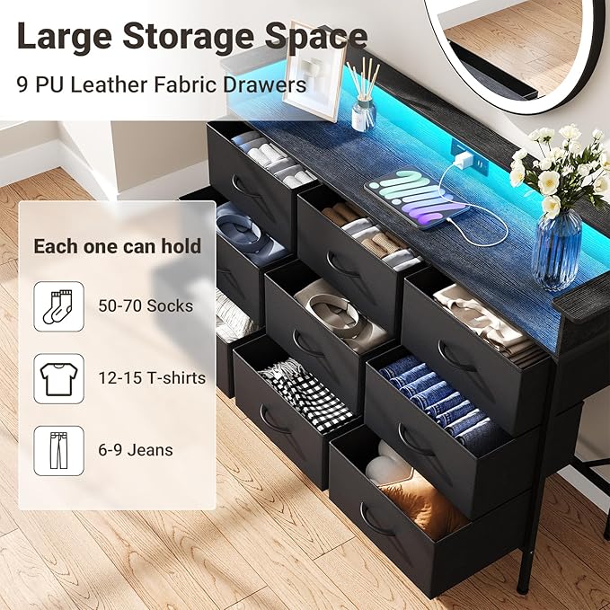 ELYKEN Black Dresser for Bedroom with LED Light & Charging Station, 9 PU Finish Fabric Drawers Dressers & Chest of Drawer with USB Outlet for for Entryway Closet Living Room Hallway