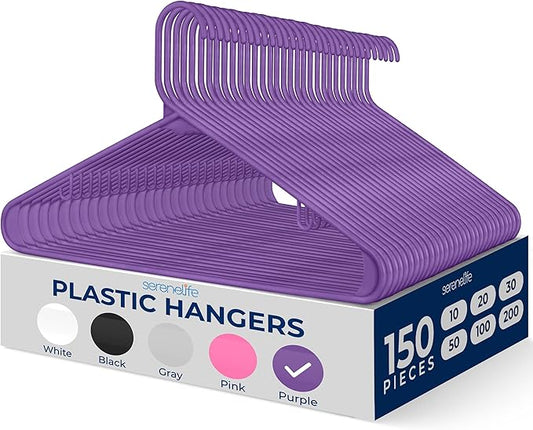 SereneLife 150 Pack Plastic Hangers, Non-Slip, Space-Saving Closet Organizers, Durable and Strong for Shirts, Sweaters, Hoodies, Kids Clothes & Dresses, Ultra-Thin, Lightweight