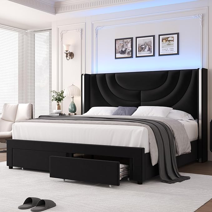 HITHOS Full Upholstered LED Bed Frame with 2 Storage Drawers, Velvet Platform Bed with Wingback Headboard, Solid Wooden Slats Support, No Box Spring Needed, Headboard Splicing Design, Black