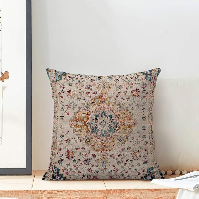 BETGINY Blue Orange Boho Throw Pillow Covers 16 x 16 Inch Pack of 2, Vintage Bohemian Carpet Pattern Decorative Pillow Cases Outdoor Ethnic Design Farmhouse Cushion Case for Home Sofa Decor