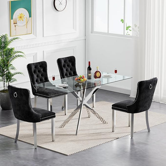 Goujxcy Glass Dining Table Set for 4, Modern Kitchen Table and Chairs Set of 4, 5-Piece Kitchen Dining Room Table Set w/61 Glass Silver Dining Table and 4 Black Velvet Upholstered Chairs
