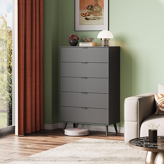 WLIVE 5 Drawer Dresser for Bedroom, Tall Wood Dresser, Black Dressers Storage Organizer with Sturdy Metal Handle, Chest of Drawers for Living Room, Hallway, Closet