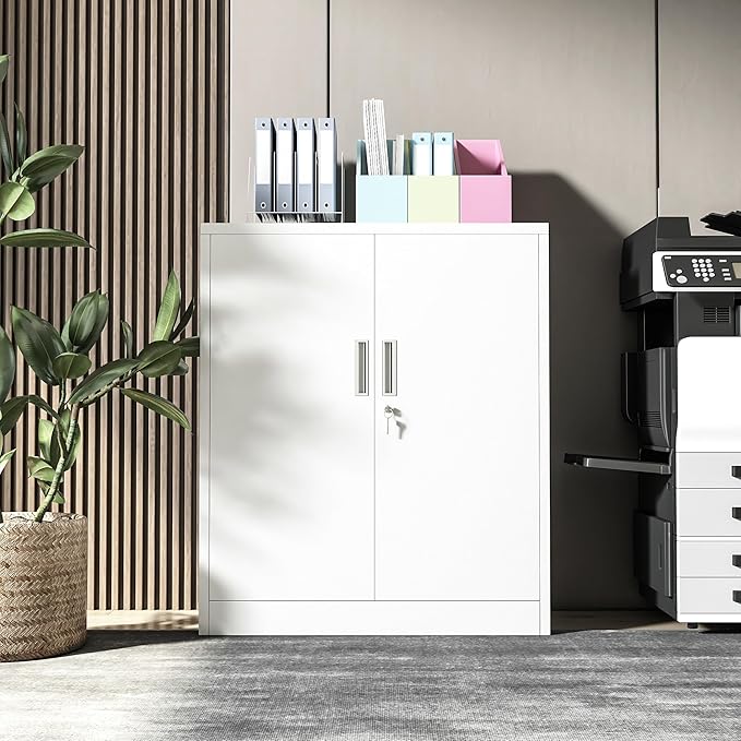 Metal Garage Storage Cabinets，36" Steel File Cabinet with 2 Adjustable Shelves, Lockable Storage Cabinets for Office, Home, Garage, Warehouse 36.2" H x 31.5" W x 15.7" D (White)