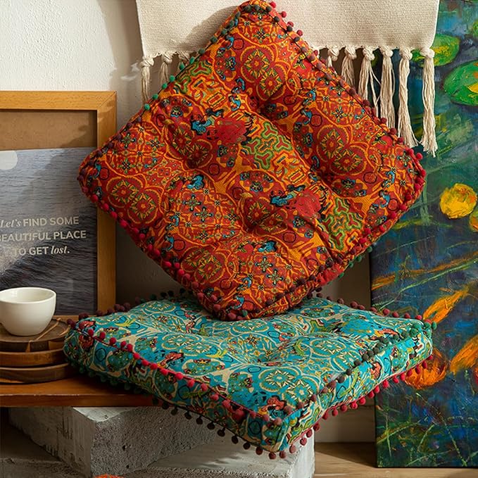 Orange Bohemian Seat Cushion,Indoor Boho Chair Cushions for Dining Chairs,Square Chair Pad,Decorative Seat Cushions for Kitchen Chairs (Orange Square 16X16)