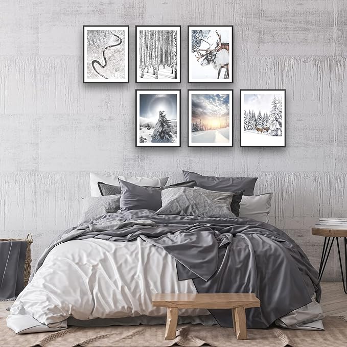 HoozGee Winter Wall Art Prints Set of 6 Canvas Print Artwork Sun Poster Ice Lake Snow Forest Frost Deer Pictures Photography Photo Bedroom Art Wall Decor (8"x10" UNFRAMED, Winter Art)