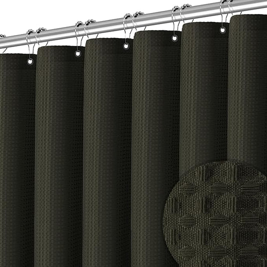 Brown Shower Curtain Waffle Weave Textured Fabric Heavy Duty Shower Curtain Set for Bathroom, Waterproof 256GSM Weighted Hotel Quality Luxury Bath Curtain Set with 12 Hooks, 72Wx72H
