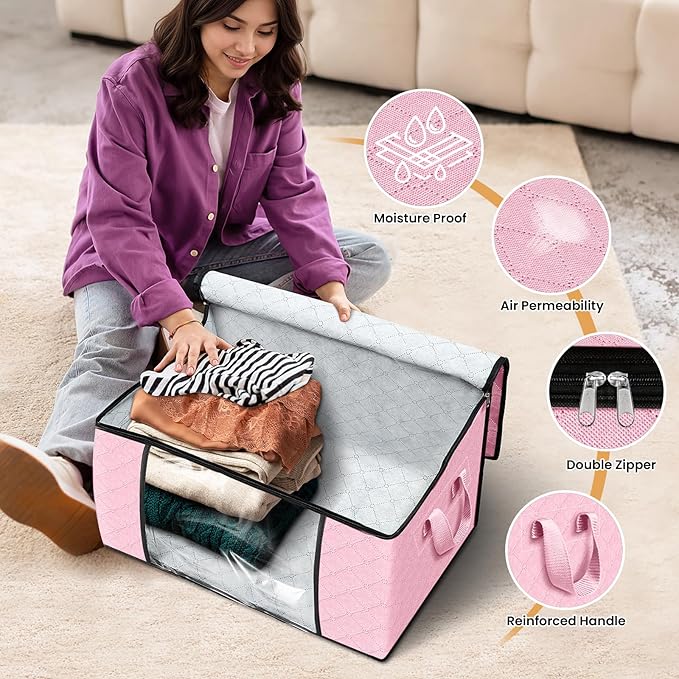Fab totes 8 Pack Clothes Storage, Foldable Thick Fabric Blanket Storage Bags, Containers for Organizing Bedroom, Closet, Clothing, Comforter,Organization with Handle,Pink