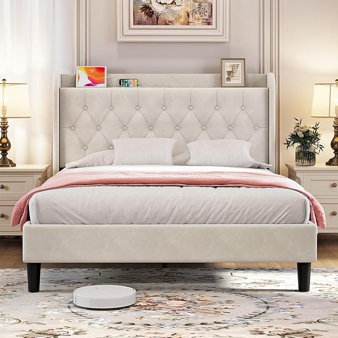 koorlian Queen Bed Frame with Headboard, Adjustable Velvet Upholstered Bed Frame with Type-C&USB Ports, Wingback Storage Headboard, Solid Wood Slats Support, No Box Spring Needed, Noiseless, Beige