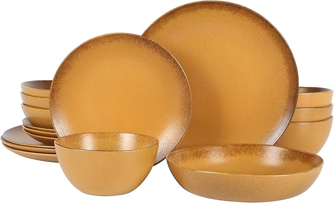 Bloomhouse Palermo Sun Double Bowl Stoneware Reactive Glaze Plates and Bowls Dinnerware Set - Tumeric Yellow, Service for Four (16pcs)