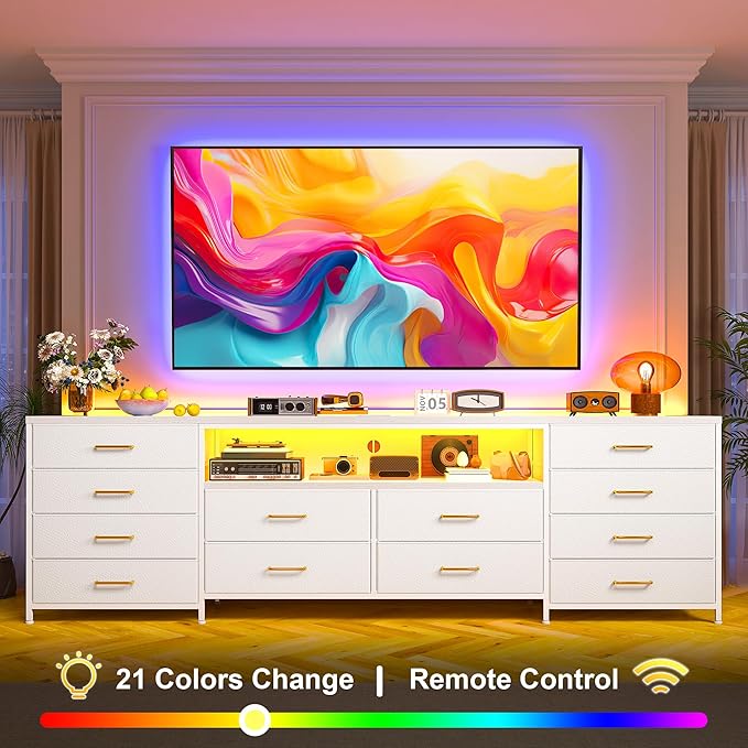Fits 65,70 inch TV Stand Dresser 63" W TV Entertainment Center for Bedroom with LED Lights & Power Outlets 12 Long Fabric Dresser for Bedroom, Hallway or Closets White