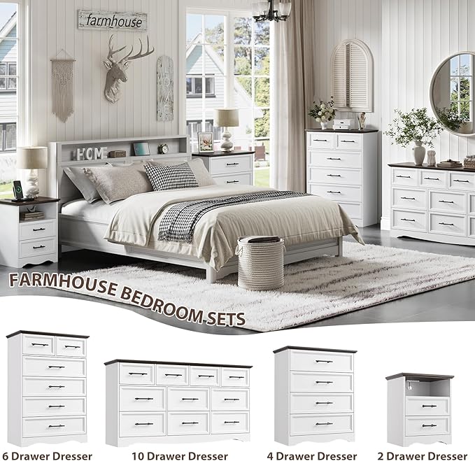 Farmhouse Nightstand with Charging Station, End Table with 2 Drawers Storage, Space-Saving Wood Storage Cabinet with Unique Base Design, Bedside Table for Bedroom, Living Room, White