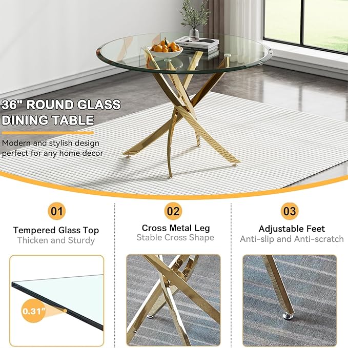 Goujxcy Small Round Dining Table Set for 4, Modern Glass Kitchen Table Chairs Set of 4, 5-Piece Dining Table Set w/36 Circle Gold Glass Dining Room Table and 4 Black Upholstered Dining Chairs