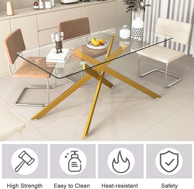 Goujxcy Glass Dining Table Set for 6, Modern Kitchen Table and Chairs Set of 6, 7-Piece Kitchen Dining Room Table Set w/61 Glass Gold Dining Table and 6 Green Velvet Upholstered Chairs