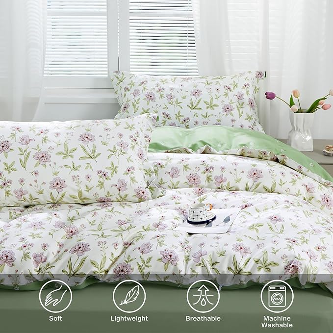 SAPHREAS Lavender Floral Duvet Cover Set Full Size 3pcs Pink Floral Green Branches Bedding Comforter Cover Set 100% Cotton 1 Duvet Cover 90"x80" 2 Pillow Shams, Comforter Not Included