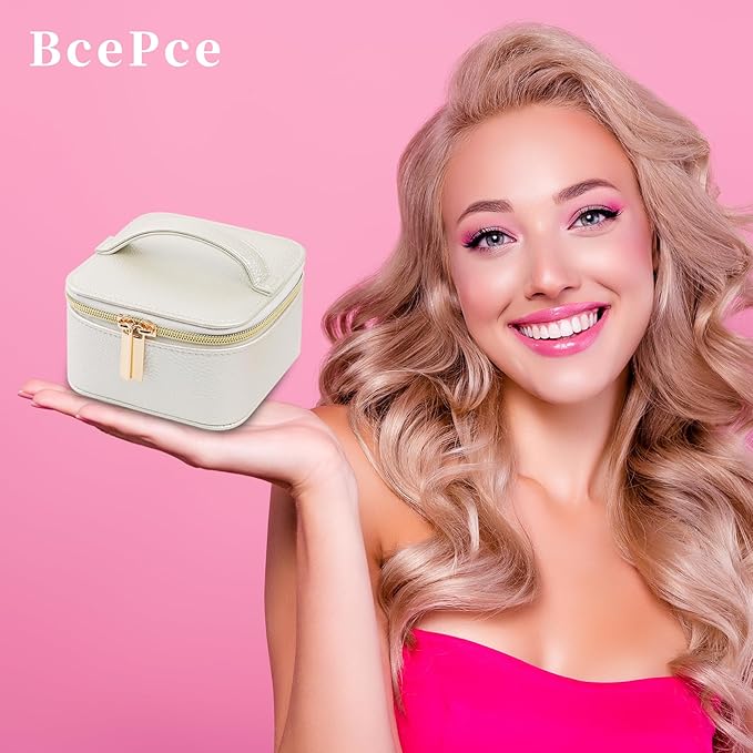 PU Leather Travel Jewelry Organizer Case with 4 Pouches & Handle, Anti-Tangle Storage Box for Necklace, Earrings, Rings, Compact Jewelry Box for Women Gift (Beige)
