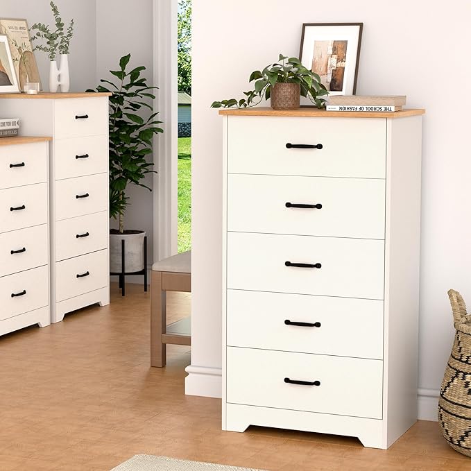 Farmhouse 5 Drawer Dresser, Small Wooden Chest of Drawers Classic White Dresser for Bedroom Living Room Entryway (White, 5 Drawer)