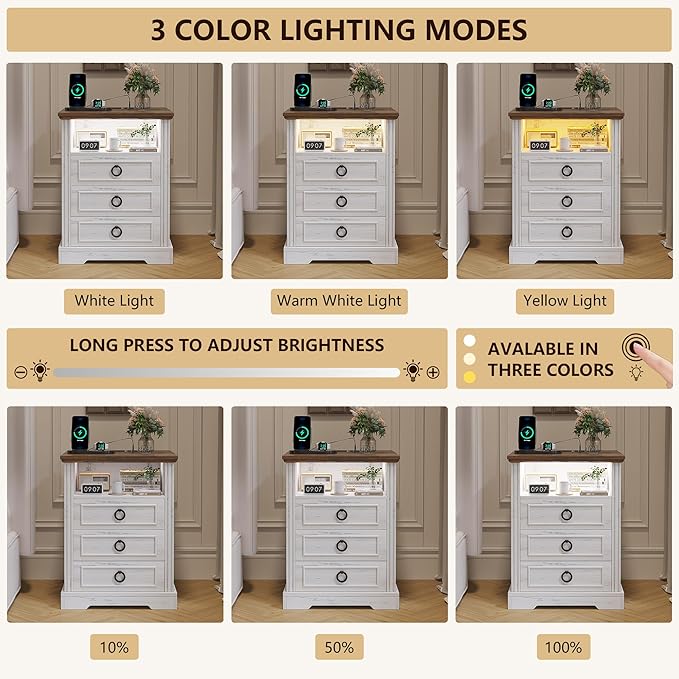 Nightstand with Charging Station,Farmhouse End Side Table with 3 Drawers and Open Storage,Smart Bedside Table with LED Light & Human Sensor for Bedroom,White
