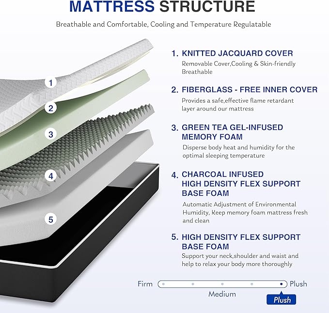 12 Inch Queen Green Tea Memory Foam Mattress for Cool Sleep & Pressure Relief, Bed in a Box, Removable Cover No Fiberglass, CertiPUR-US Certified