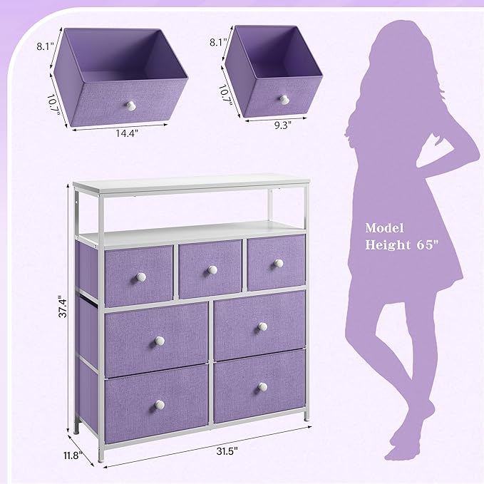 EnHomee Tv Stand for Bedroom with 7 Fabric Dressers and 2 Shelves，Dressers & Chests of Drawers for Closet，Hallway，Entryway，Dormitory，Purple Storage Drawers