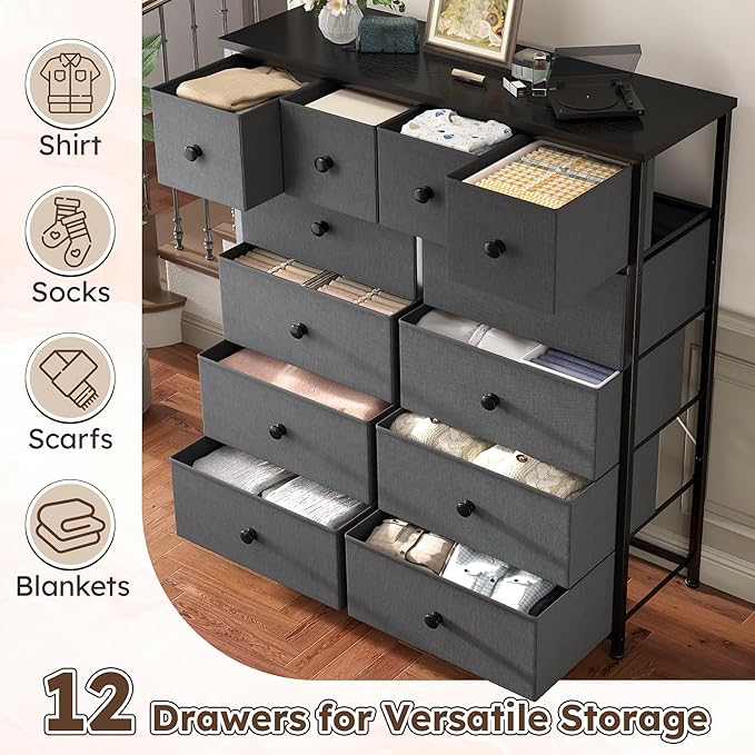 Dresser for Bedroom with 12 Drawers Tall Dressers for Bedroom Fabric Dressers & Chest of Drawers with Sturdy Metal Frame, Wood Top, for Woman, Closet, 40.6" W x 11.8" D x 44.5" H (Grey)