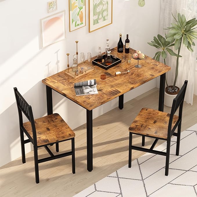 AWQM 3 Piece Dining Table Set for 2, Small Kitchen Table Set for 2 with Chairs,Wood Breakfast Nook Table and Chairs Set of 2,Dinette Set for Small Space,Dining Room,Apartment, Brown