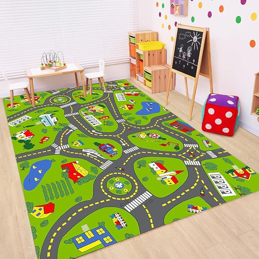 Non-Slip Town City Road Map Playmat for Boys, Perfect for Playroom and Bedroom, Car Track Mat - 6'7" x 4'11"(Rectangular)