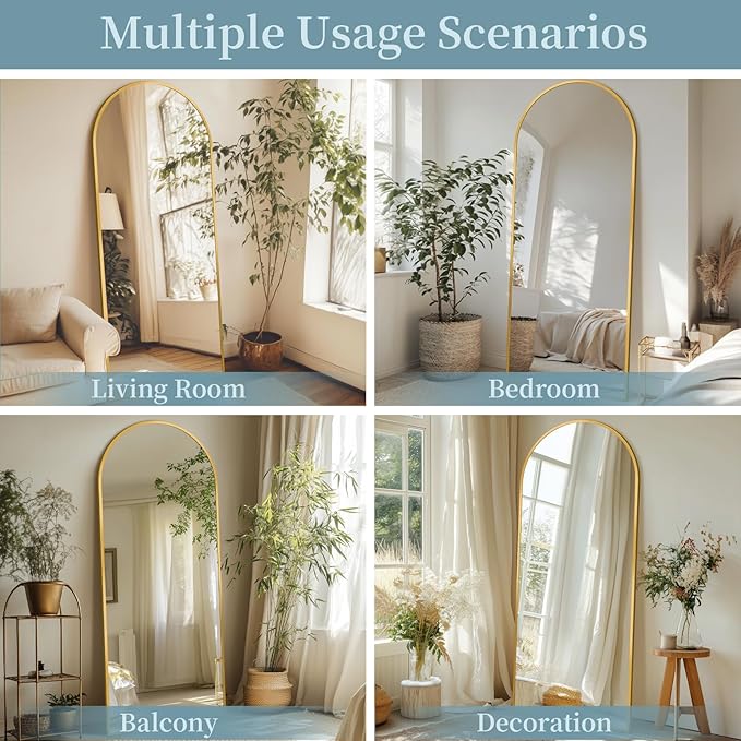 Full Length Mirror, 58"x21" Arched Full Body Mirror, Large Stand Up Aluminum Frame Floor Freestanding Hanging Leaning Mounted for Bedroom Living Room Entryway Gold
