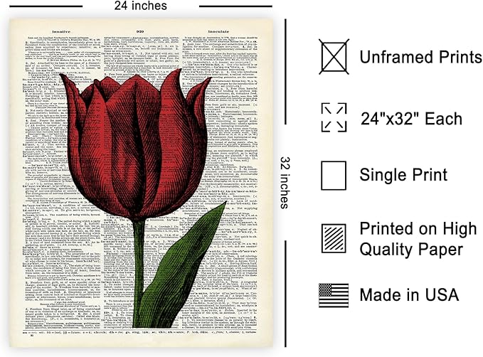 Poster Master Dictionary Art Poster - Tulip Print - Red Flower Art - Floral Art - Gift for Men, Women & Florist - Minimal Decor for Living Room, Bedroom, Dorm or Flower Shop, 24x32 Unframed Wall Art