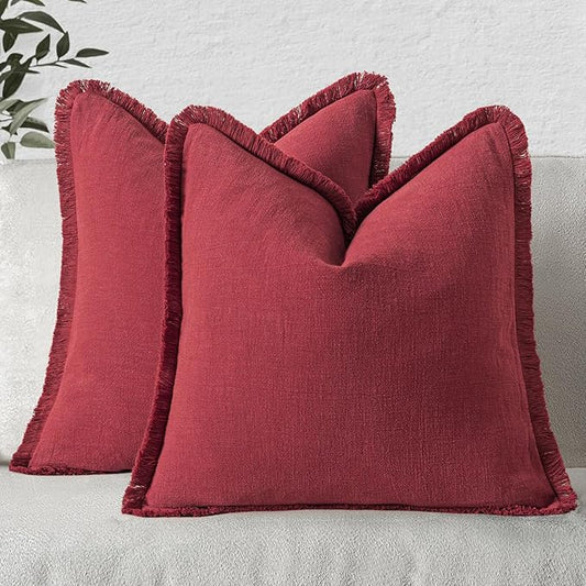 MIULEE Decorative Throw Pillow Covers Neutral Linen Fringe Throw Pillows Set of 2 Burgundy Boho Farmhouse Cushion Covers with Tassels for Couch Sofa Bed Living Room Spring Home Decor 20x20 Inch