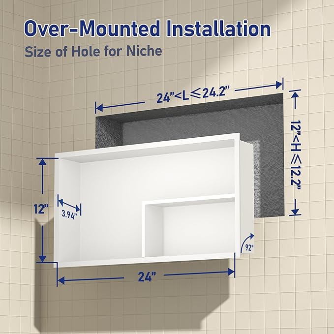 Stainless Steel Shower Niche 12"×24" White with Shelf No Tiled Needed Horizontal Niche Shower for Bathroom Wall Recessed Shower Shelf