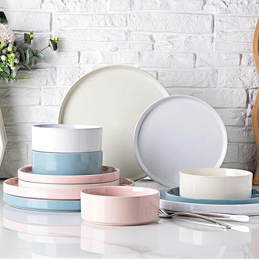 GBHOME Dinnerware Set for 4, 12 Piece Speckled Plates and Bowls Set with Glazed Bottom, Chip & Scratch Resistant Stoneware Plates Sets, Dishwasher & Microwave Safe Dishes (Mutil-Color, Service for 4)