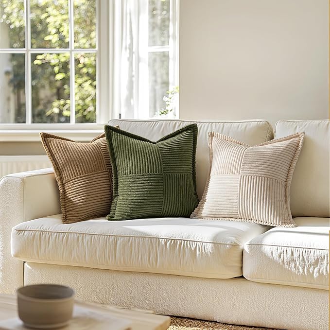 MIULEE Decorative Throw Pillow Covers for Couch Bed Livingroom 20x20 Inch Set of 2 Olive Green Boho Accent Throw Pllows Broadside Striped Patchwork Soft Corduroy Summer Pillowcases