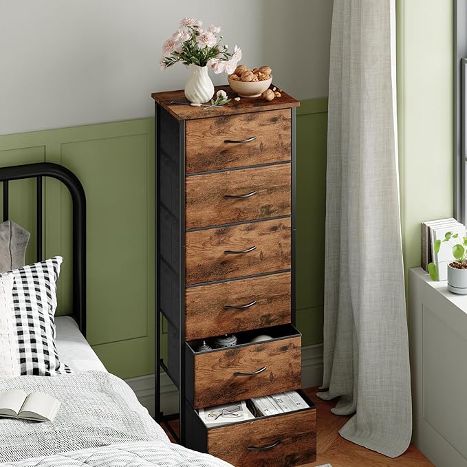 Somdot Tall Dresser for Bedroom with 6 Drawers and Side Pockets, Storage Organizer Chest of Drawers with Fabric Bins for Closet Bedside Nursery Living Room Entryway Hallway, Wood Grain Print