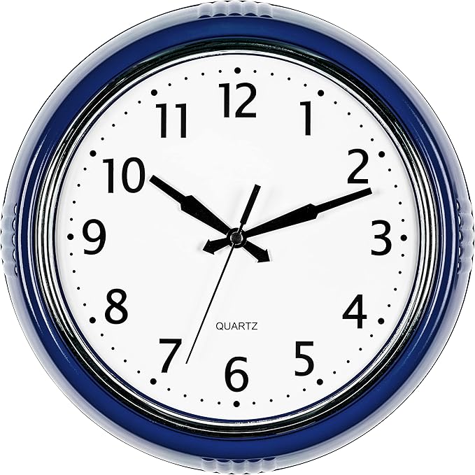 Bernhard Products Retro Wall Clock 9.5 Inch Navy Blue Kitchen 50's Vintage Design Round Silent Non Ticking Quality Quartz Battery Operated Easy to Read Decorative Clocks for Home Office Living Room