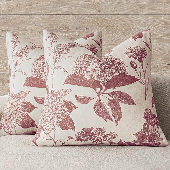 Foindtower Set of 2 Linen Floral Throw Pillow Covers Vintage Accent Print Decorative Cushion Covers Farmhouse Boho Home Decor for Sofa Chair Couch Bedroom Living Room Outdoor,18×18 Inch,Dark Pink